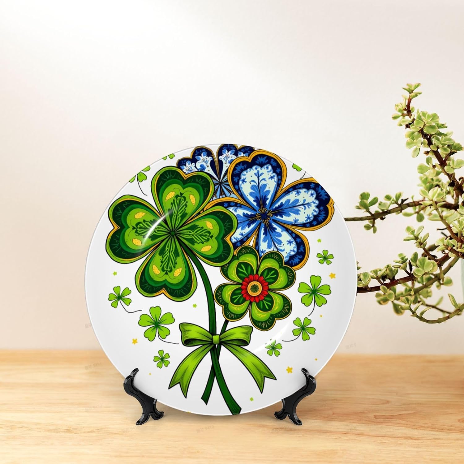 Saint Patrick Green Bow Style Ceramic Plate Display Decorative Plate With Stand Wall Hanging Plate For Home Decor 10 Inch