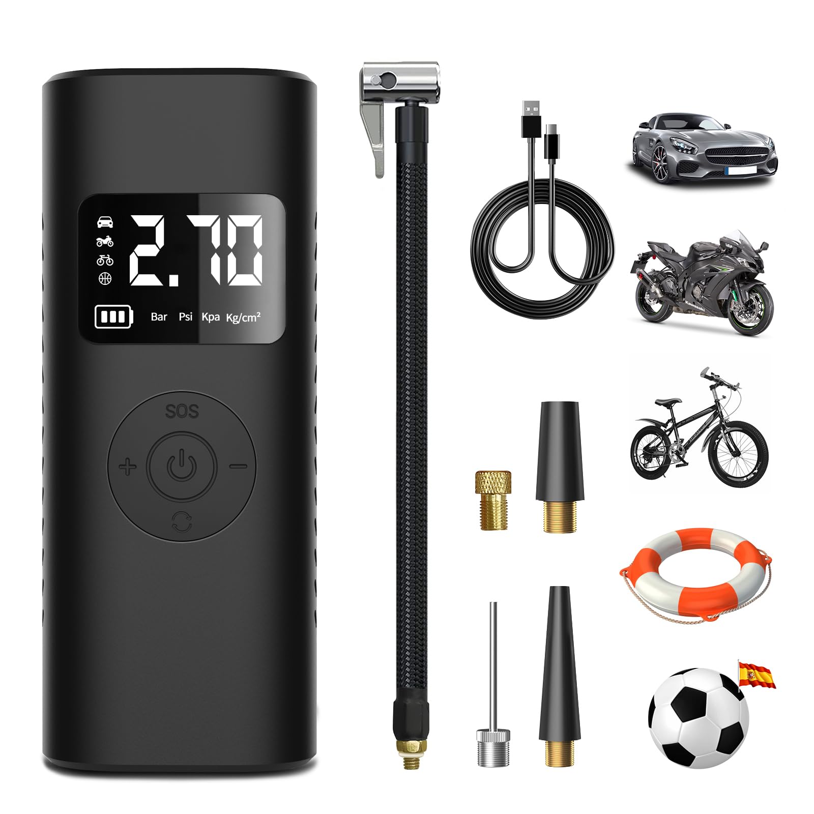 7800mAh Mini Compressore Aria Portatile Auto per Pompa Elettrica per Bicicletta, Auto, Moto, Monopattino,Palloni