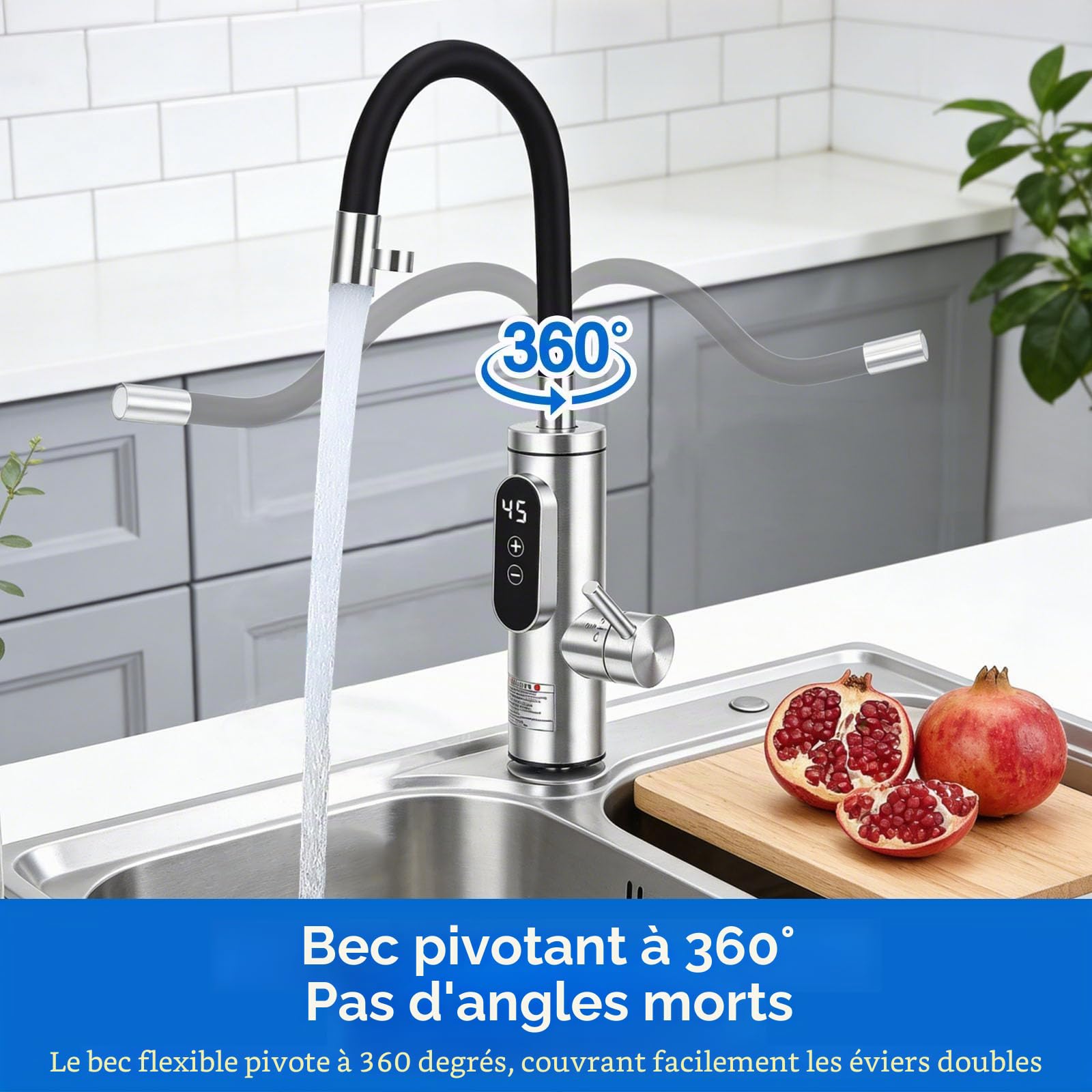 Robinet Chauffant Électrique Сhauffe-Eau,3300W Cuisine Robinet Chauffant, Acier Inoxydable Mitigeur électrique avec LED Température, rotation à 360°, 3S chauffe rapide,Chaude et Froide Réglable