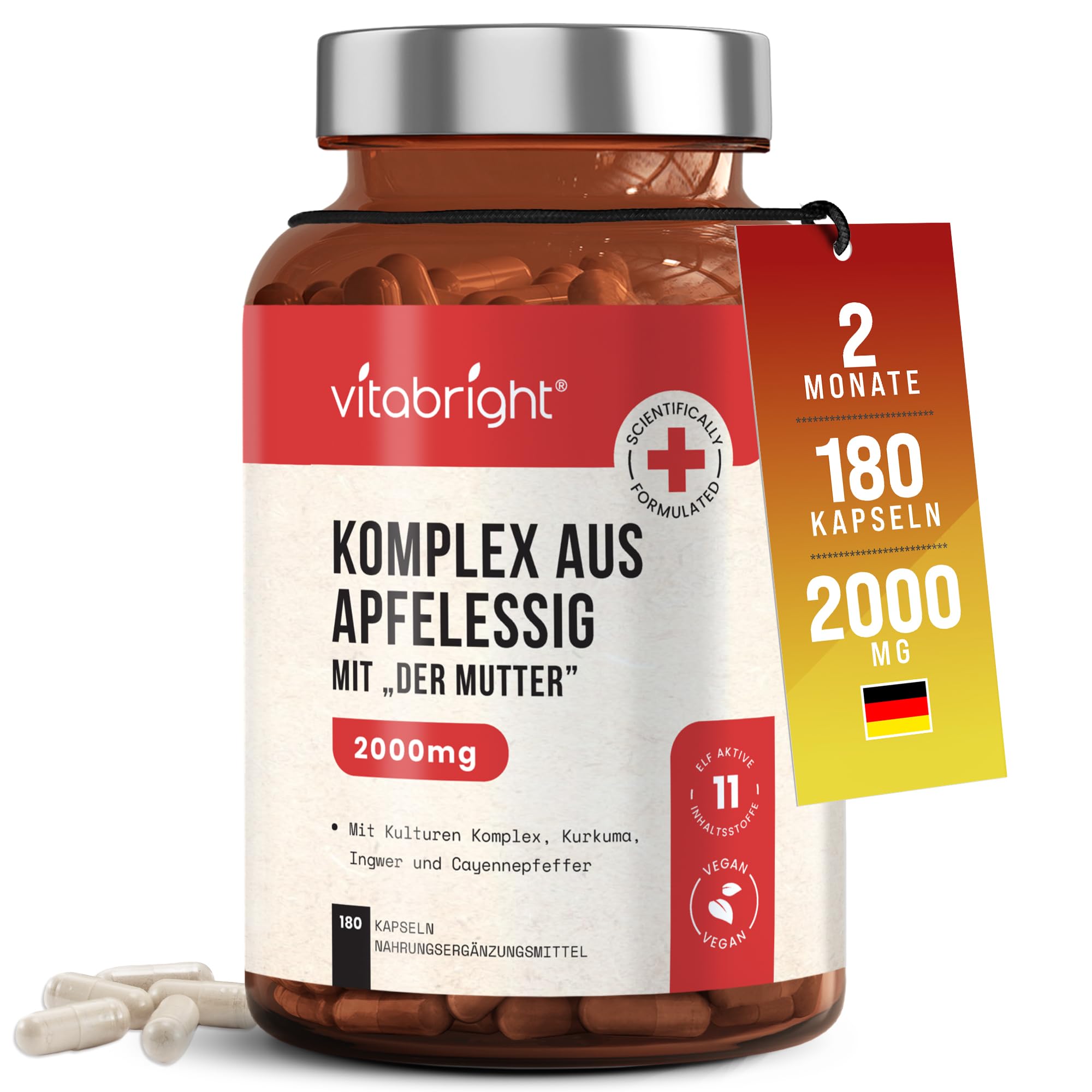 Apfelessig Kapseln mit der Mutter VitaBright | 2000 mg pro Tagesdosis | 180 Kapseln | Mit 5 Milchsäurebakterien-Stämmen, Bio-Gewürzen & Inulin | Vegan und Ungefiltert | Apple Cider Vinegar