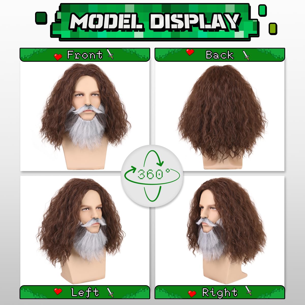 FantaLook Medium Curly Brown Cosplay Wig with Beard Set for Halloween Costume Party - Image 4