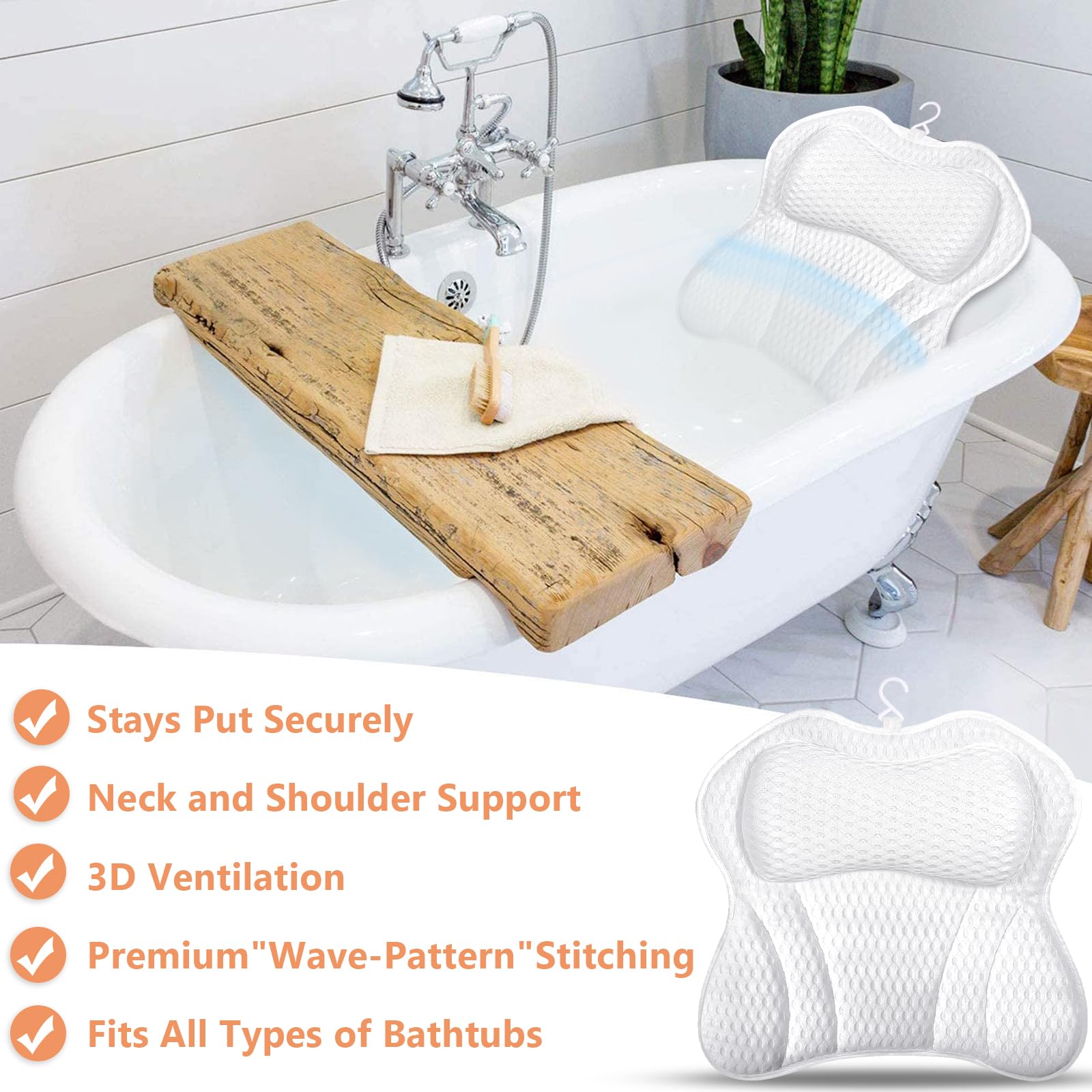 Purpledi Almohadas para Bañera，Almohada de Baño,Cojín de Bañocon 6 Ventosas Antideslizantes Tecnología 4D Air Mesh Cuello, la Espalda,para SPA en Casa Bañera de Hidromasaje (Blanco)