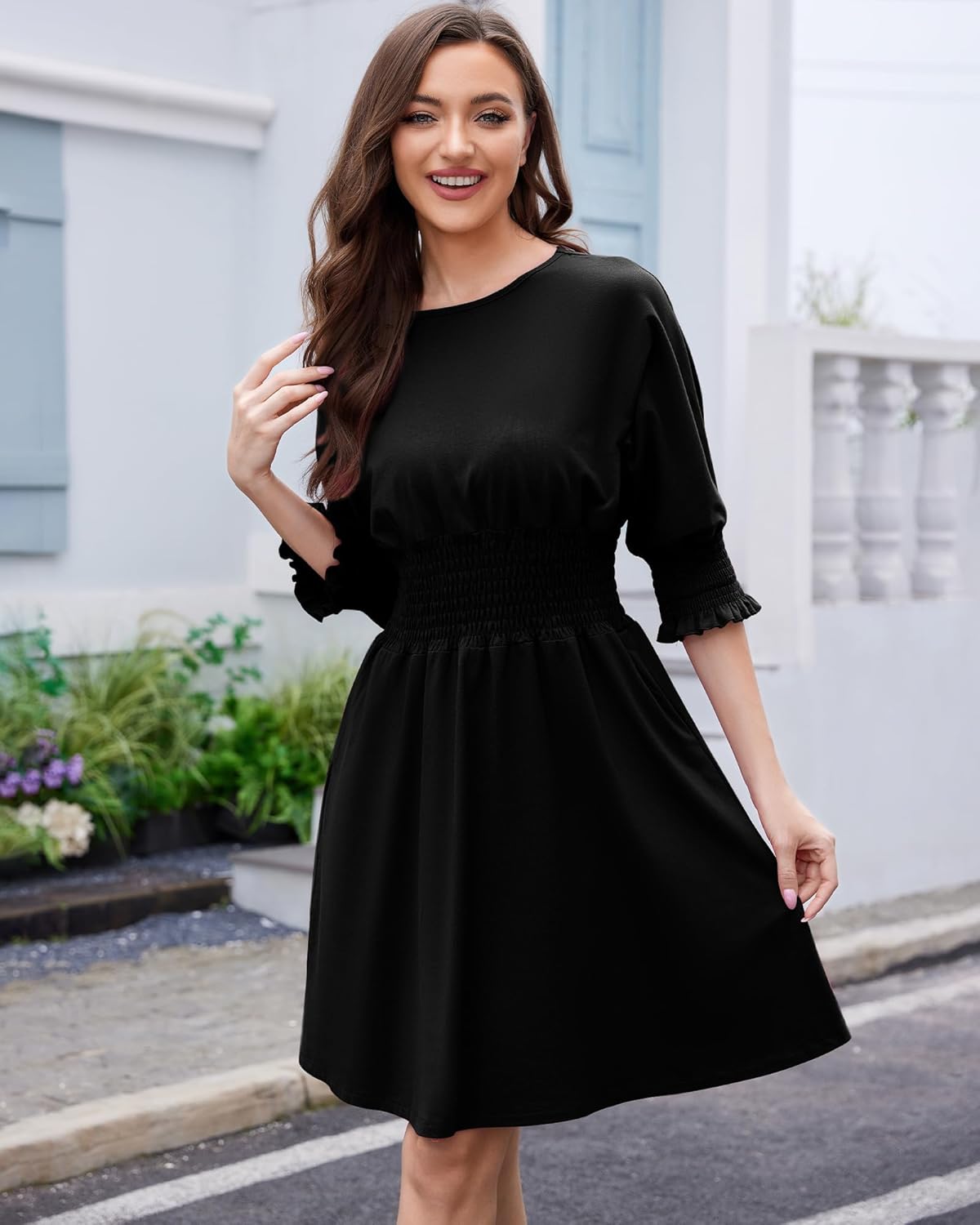 Summer Dresses for Women 2025 Casual 3/4 Sleeve Smocked Dress Crew Neck Elastic Waist A-Line Knee Length with Pocket - Image 2