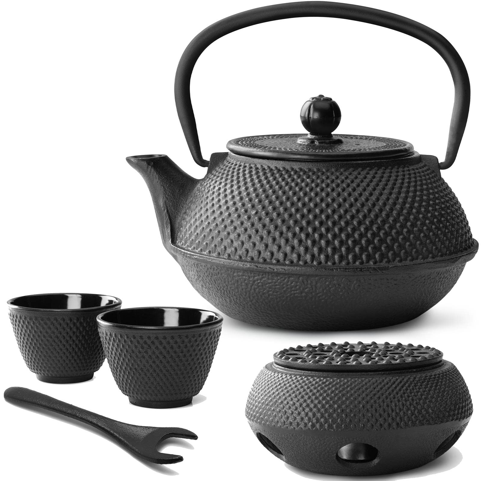 Bredemeijer Teekanne asiatisch Gusseisen Set 0.8 Liter - schwarze Gusskanne mit Henkel & Edelstahl Tee-Filter Sieb-Einsatz für losen Tee & 2 Teebecher (Tassen) & Stövchen &Deckelheber