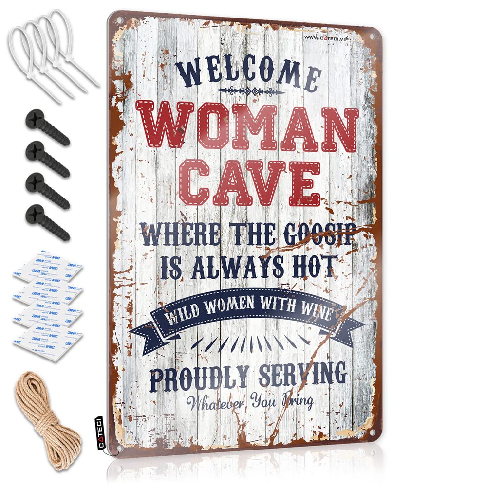 STWNVOITV Garage Signs Funny Welcome Woman Cave Wild Women With Wine Sign Bar Posters Funny Kitchen Tin Signs(30X40CM)