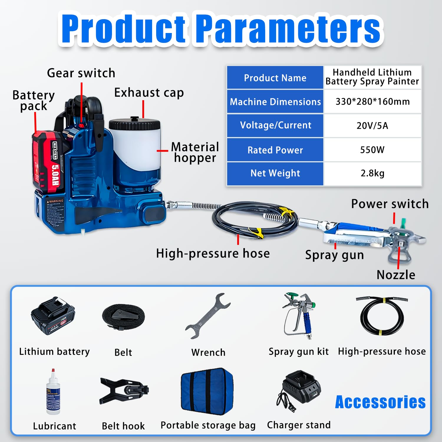 Pulverizador Airless inalámbrico y Pistola de Pintura eléctrica, Alto caudal de 2 l/min, Modos de Mano y de Correa, para reformas domésticas y proyectos de Bricolaje.