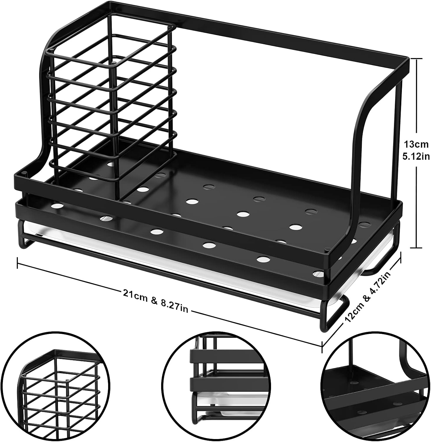 ODesign Sink Caddy, Kitchen sink Organizer Caddy with Drain Pan Try Sponge Scrubber Brush Dishrag Dishcloth Holder Rack Counter Stainless Steel Rustproof - Black