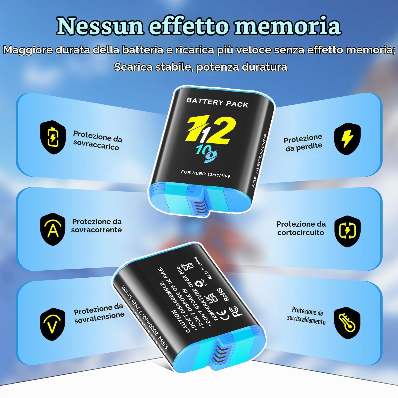 3Pcs 2000mAh Hero 12 Batteria per Hero 12/11/10/9 Black - 3.85V Ricaricabile compatibile con 12/11/10/9 Black
