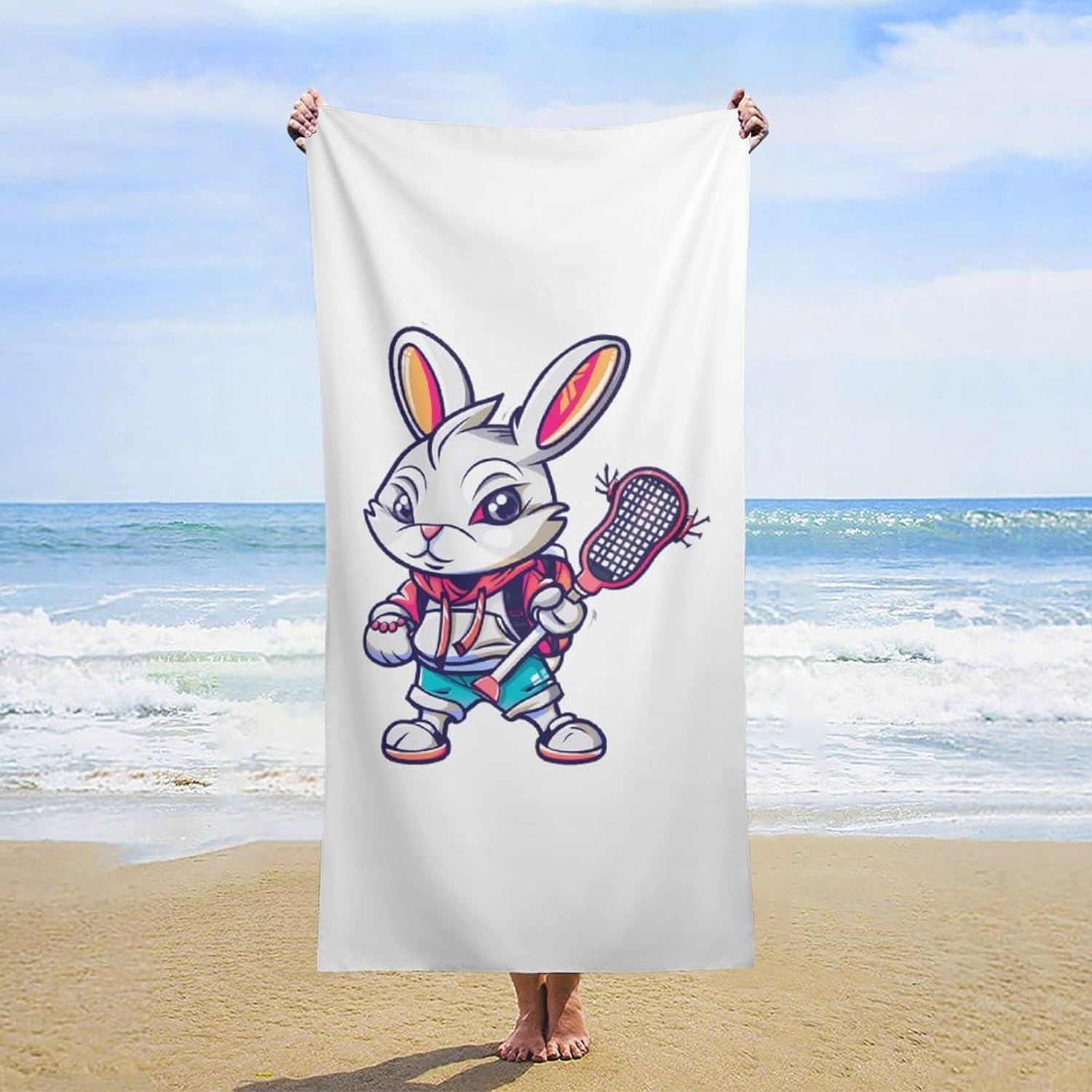 Funny Lacrosse Player Bunny Bath Towel Beach Towels Quick Dry Oversized Bath Blanket Highly Absorbent Towel for Women Men 160x80cm
