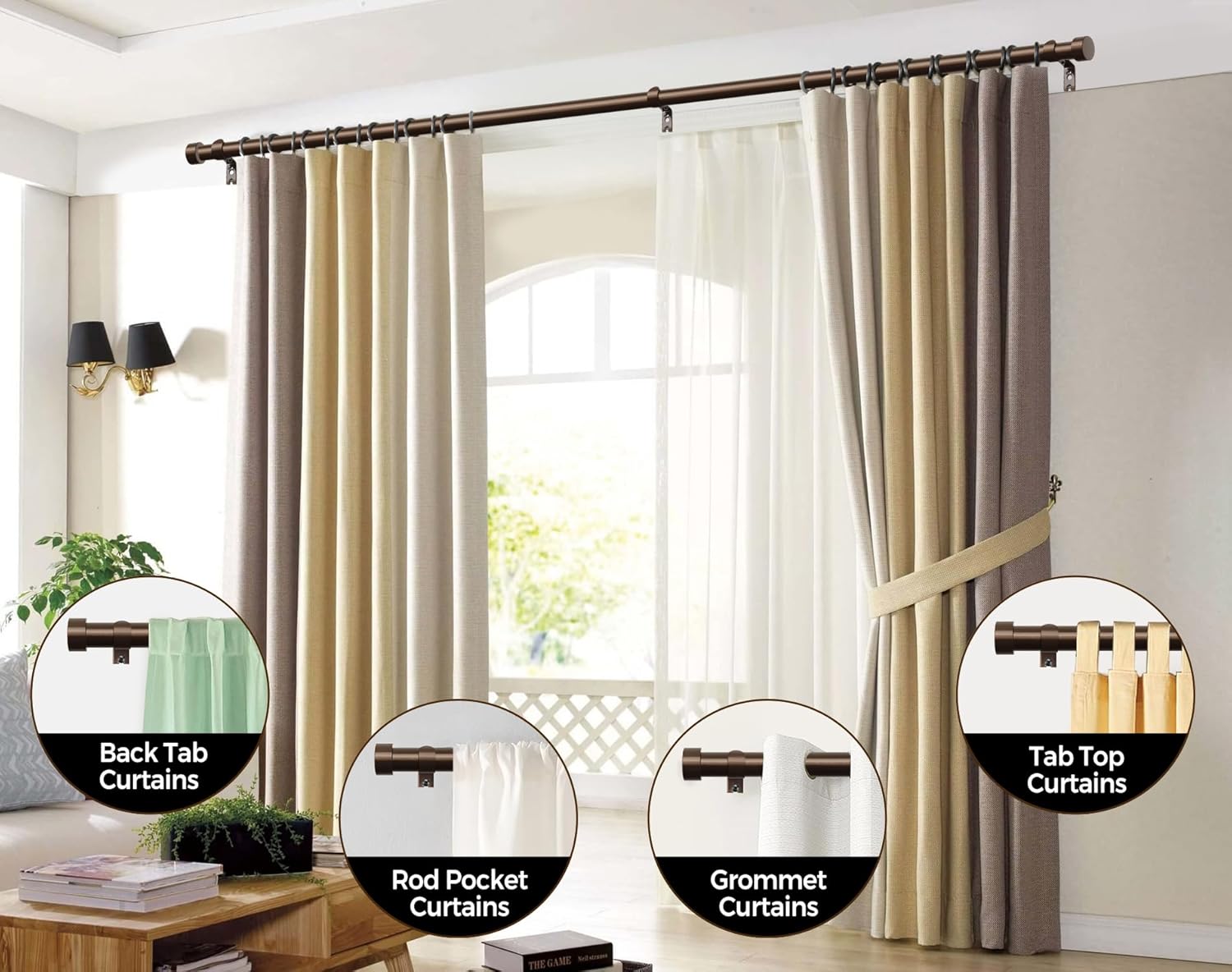 KAMANINA Bundle of 66 to 120 inch Black Double Curtain Rod and 66 to 120 Inch Bronze Curtain Rod, Modern Simple End Cap