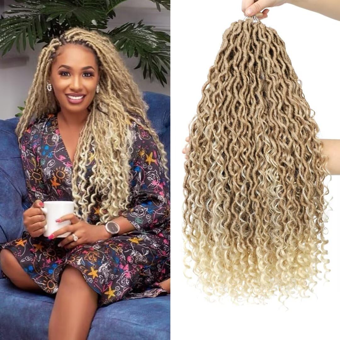 Alimiriam New Goddess Locs Crochet Hair 18 inch 6 Packs River Curls Crochet Hair Goddess Faux Locs Wavy Crochet Hair with Curly Ends Synthetic Hair Extensions(18" 6packs(144roots) 27/613#)