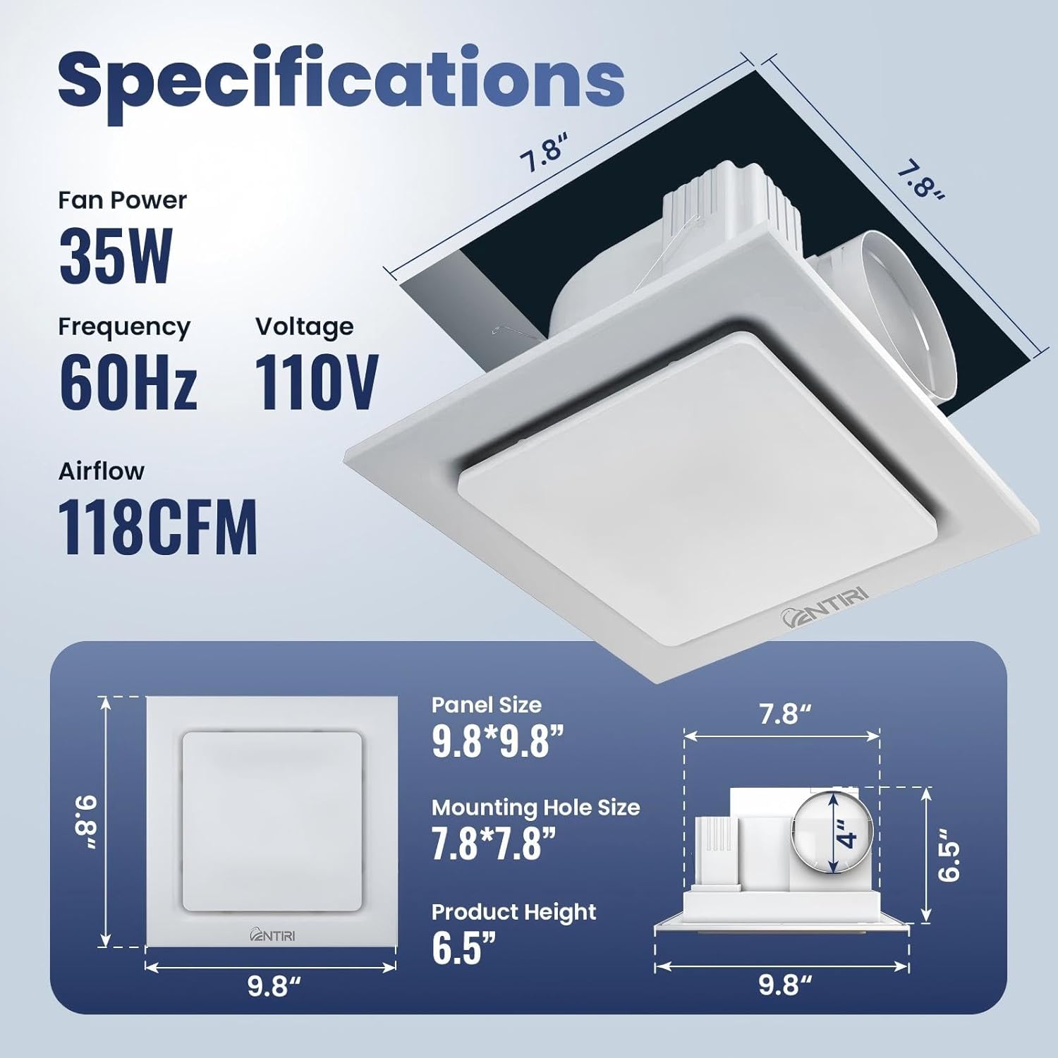 Bathroom Exhaust Fan,10x10 IN Panel,Mounting Opening 8x8 IN,Upgraded Quiet Square Vent Fans,118 CFM,for Bathroom, Office, Home(4 Inch Air outlet)