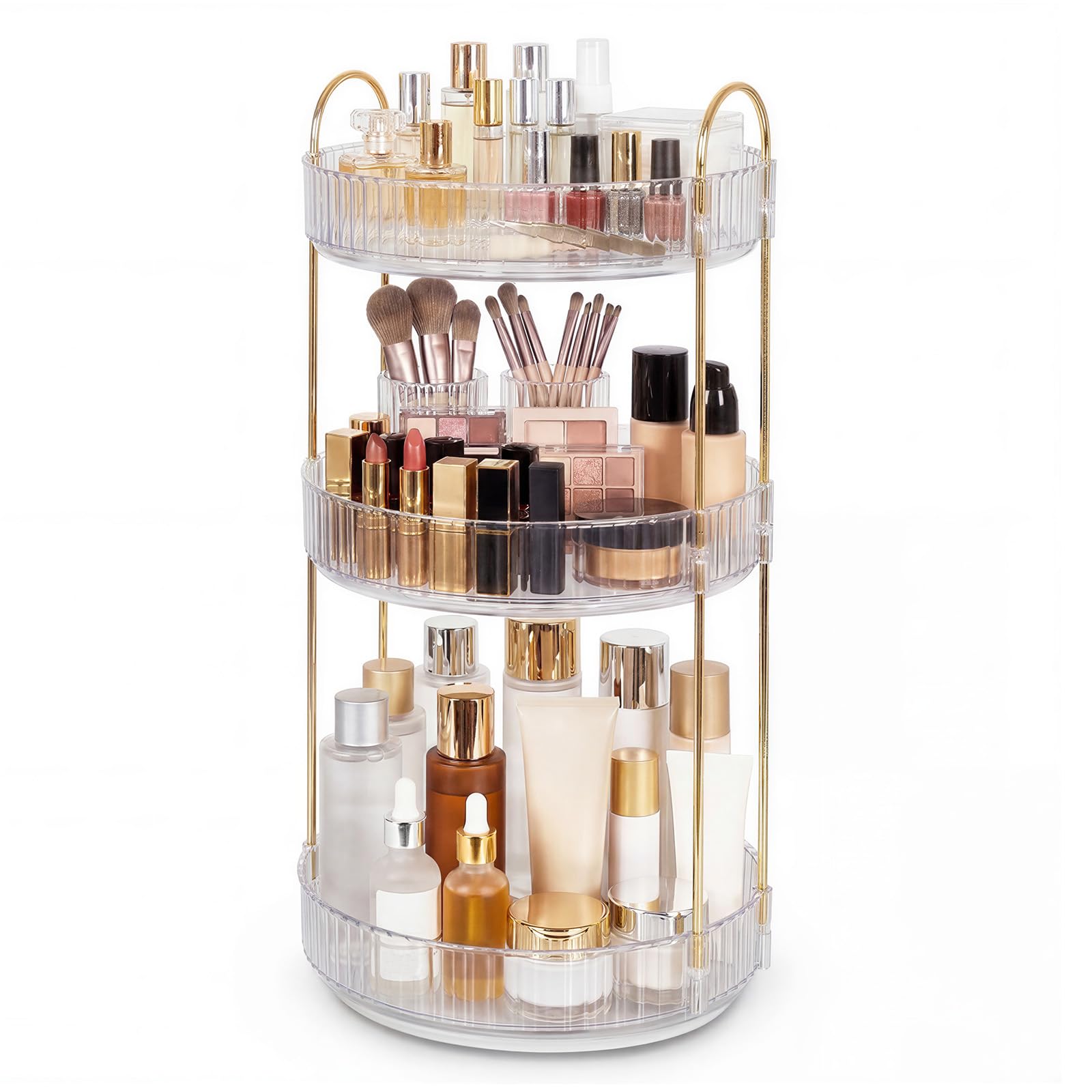 ilus 360 Rotating Makeup Organiser, 3 Tier Make up Storage Organiser, Cosmetics Storage Box with Gold Metal Frame, Large Capacity Perfume & Skincare Organizer for Bathroom, Vanity, Bedroom, White
