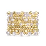 COLOYAN 10PCS Gold Bracelets for Women Stack, Cross Beaded Strand Bead Ball Stackable Gold Bracelet, Pearl Beaded Bracelets Elastic Bracelet Set