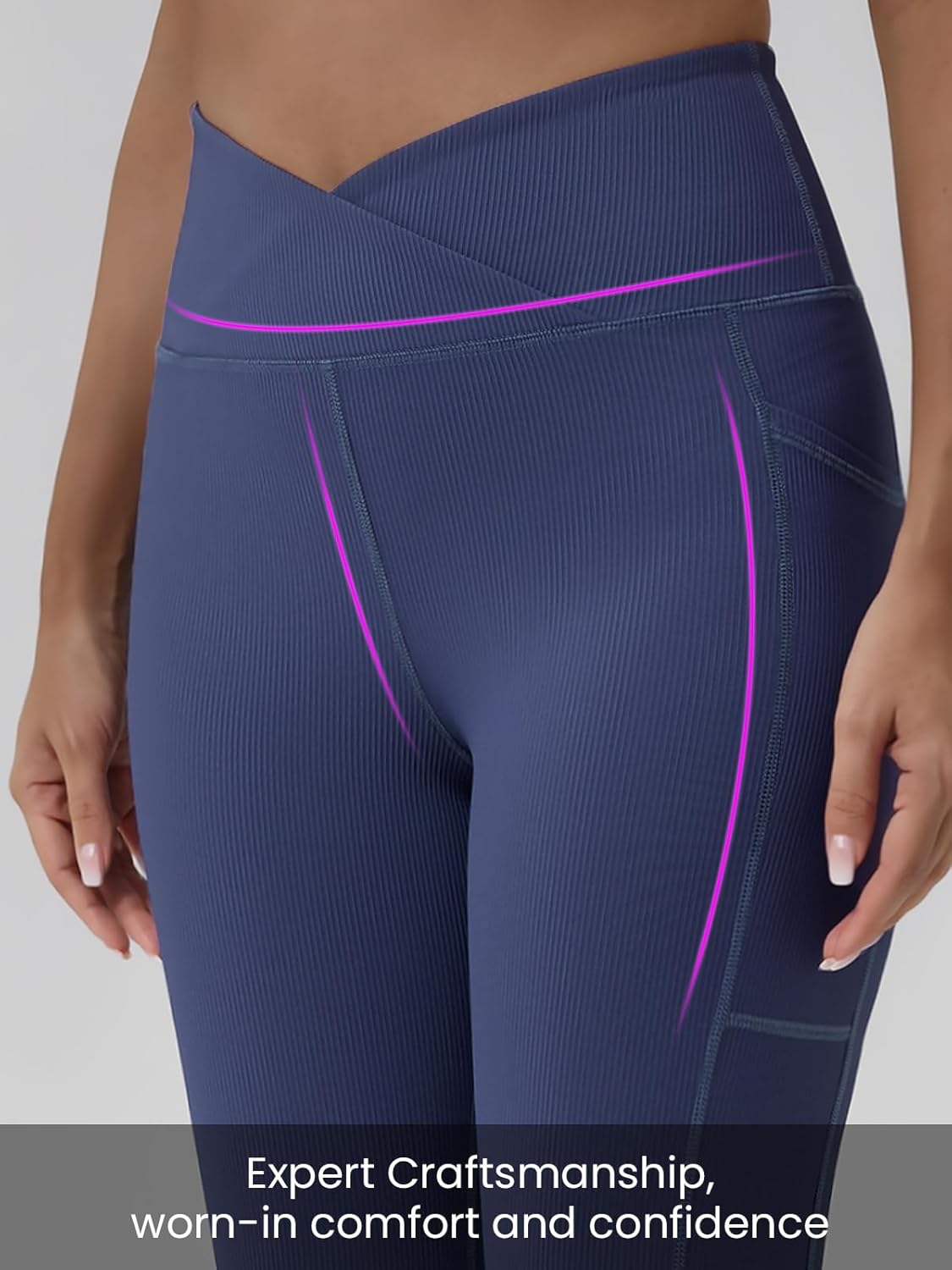 AARYA Women's Ribbed Leggings with Pockets, Cross Front High Waist Compression Workout Yoga Pants Gym Clothes, 25 inch