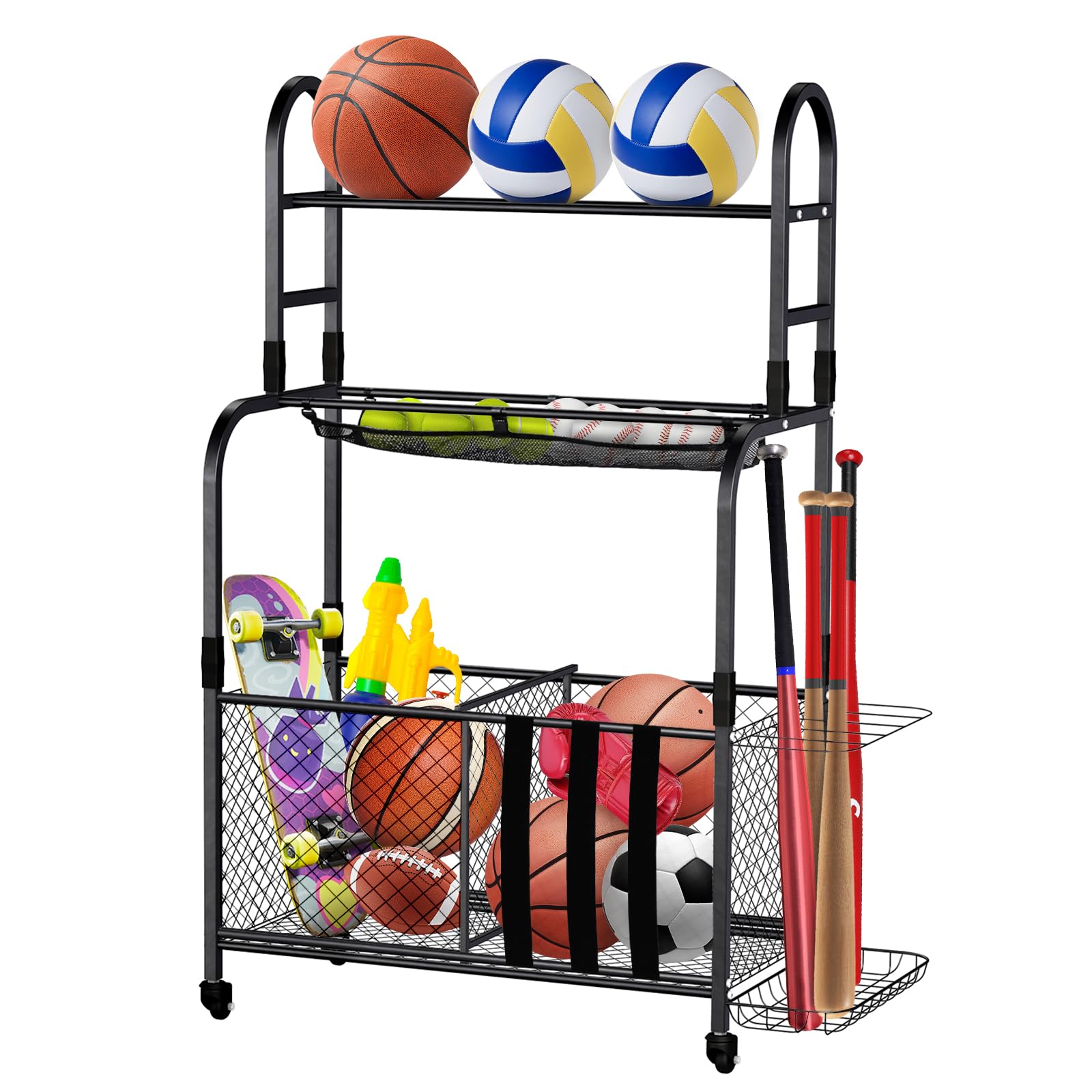 Vhelyom Ball Stroage Rack | Sports Equipment Organizer | Ball Rack for Basketball, Volley Ball, Soccer | Indoor and Outdoor Ball Rack for Home, School