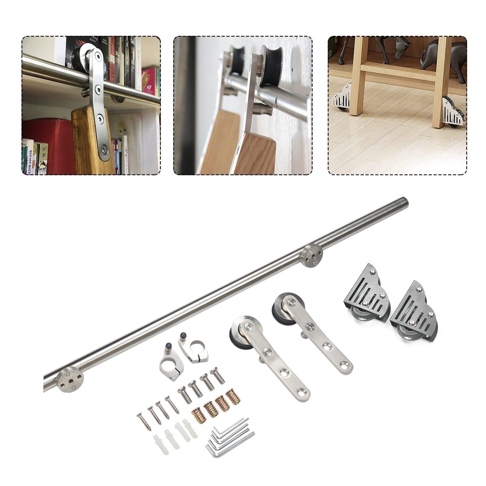 Kit di Ferramenta Scala della Libreria Rotolamento - Set Ferramenta di Binario Porta Scorrevole, Tubo Tondo in Acciaio Mobile per Casa/Interni/Loft, con Ruote A Rulli A Pavimento