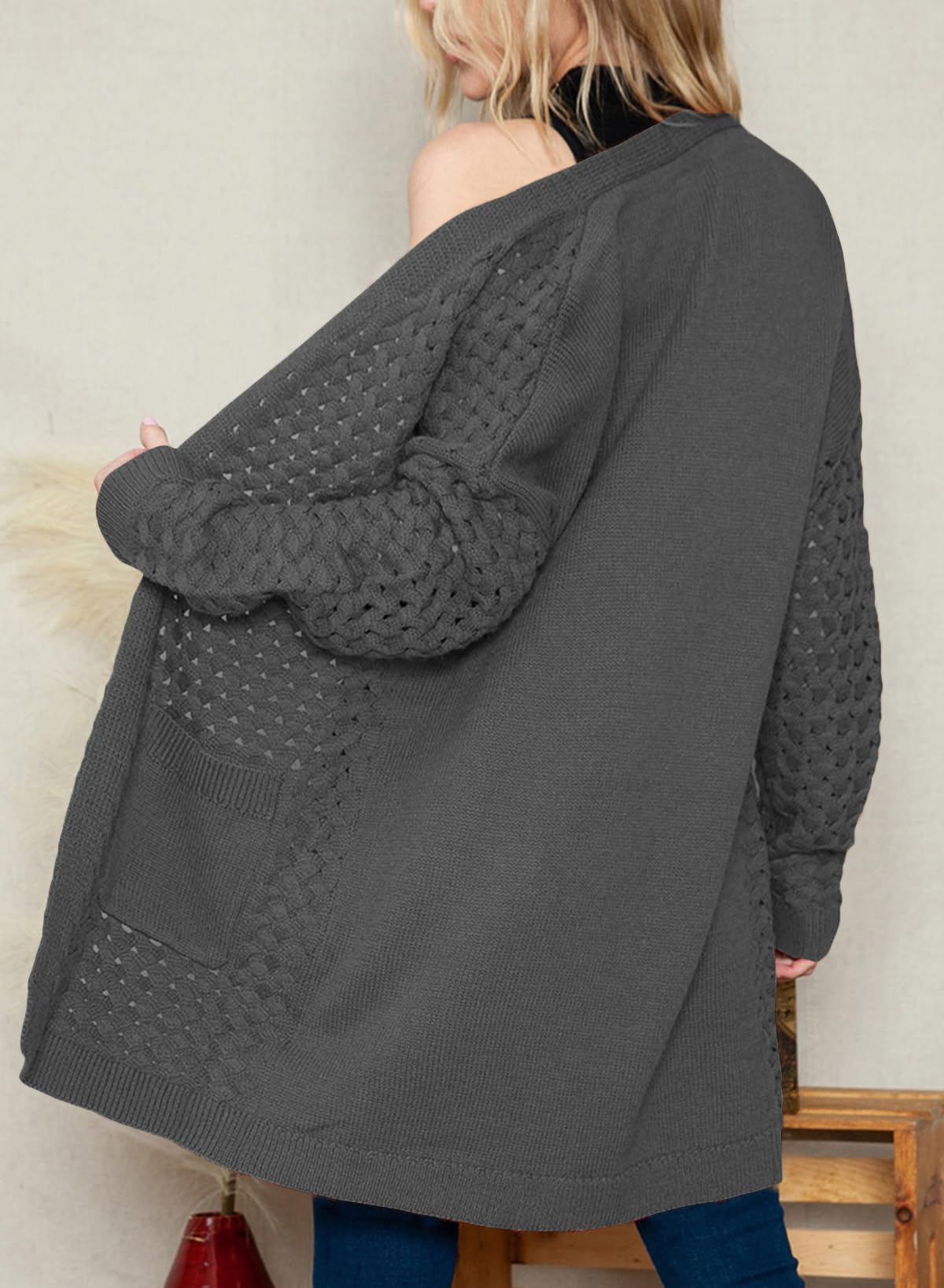 Chaqueta larga de punto para mujer, chaqueta de punto frontal abierta, abrigo con bolsillos, ropa exterior holgada informal para uso diario, Mist Green, L