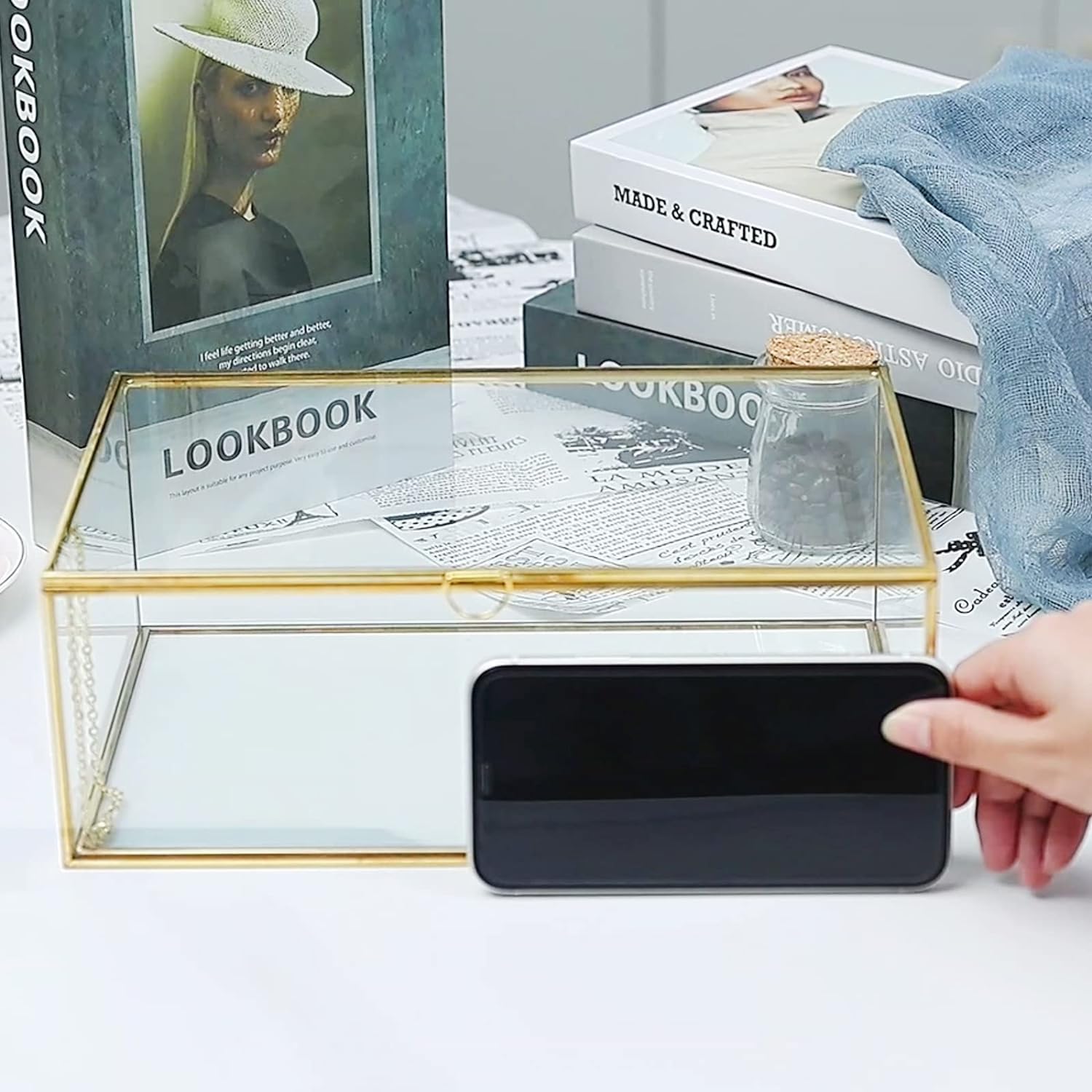 Homtone Grote koperen gouden vintage glazen dekseldoos