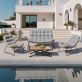 Crestlive Products Outdoor Loveseat 3 Pieces, 2 Seater &1 Seater Outdoor Sofa Set,All-Weather Boho Rattan Patio Furniture with Soft Cushion for Balcony, Poolside, Backyard (Dark Gray Without Table)