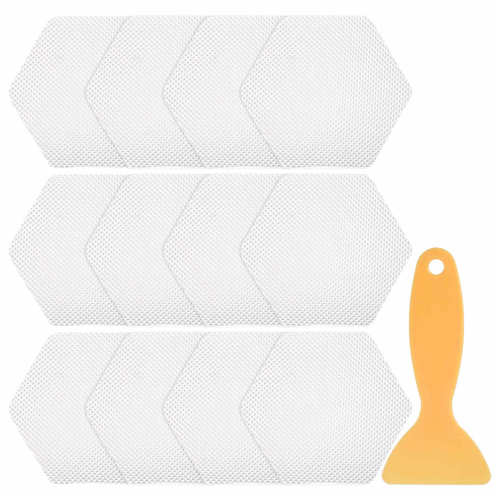 HARFINGTON Juego de 12 calcomanías hexagonales antideslizantes para bañera de 3.15 pulgadas, PEVA, adhesivos antideslizantes con raspador para baño, cocina, peldaños y piscinas, color blanco