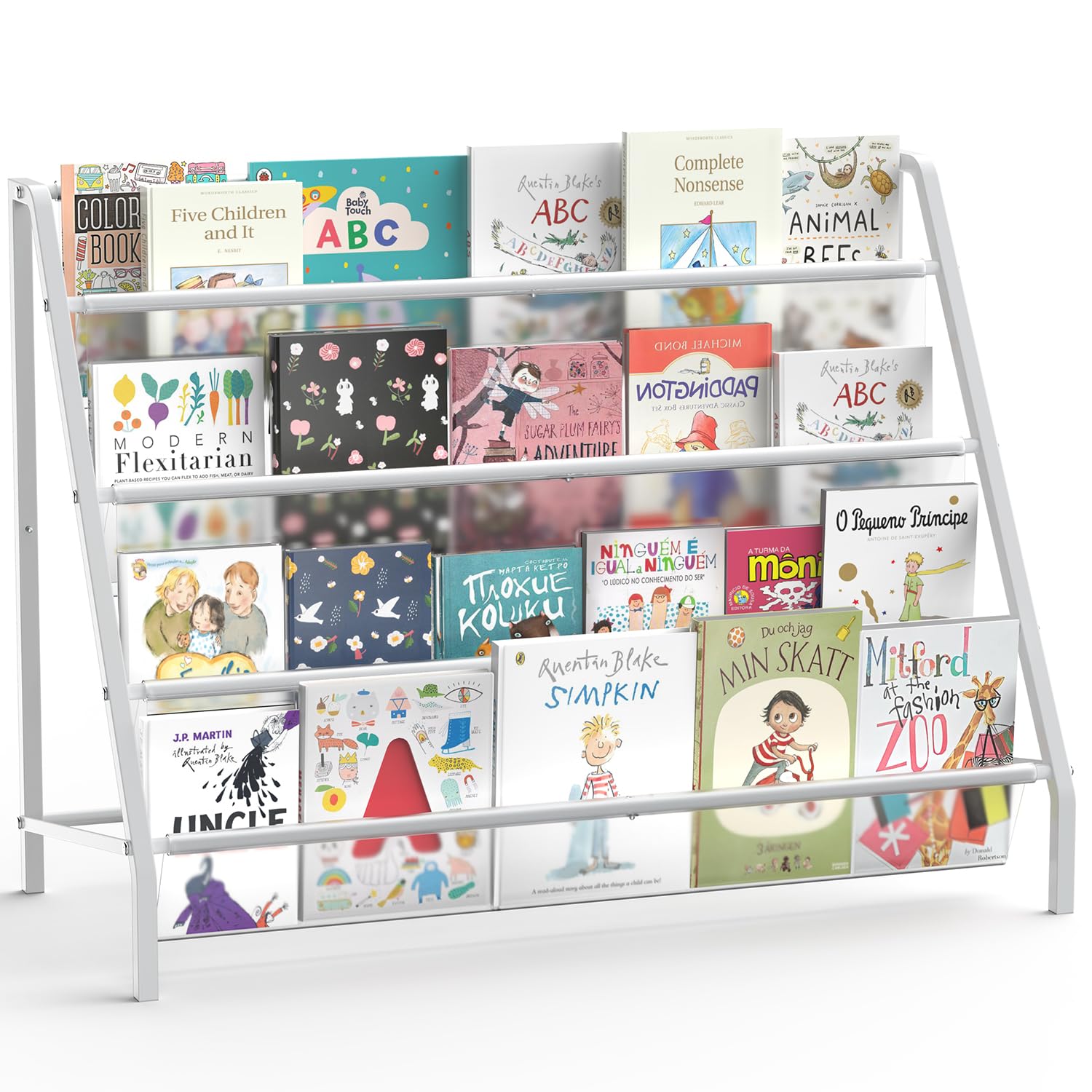 HAVEDAWN High-Transparent 4 Tier Kids Bookshelf, Sturdy Metal Large Size Book Rack Storage for Kids - Toddler Book Shelf Display for Nurasery, Kids Room, Deep Size Bookshelf Hold More Books