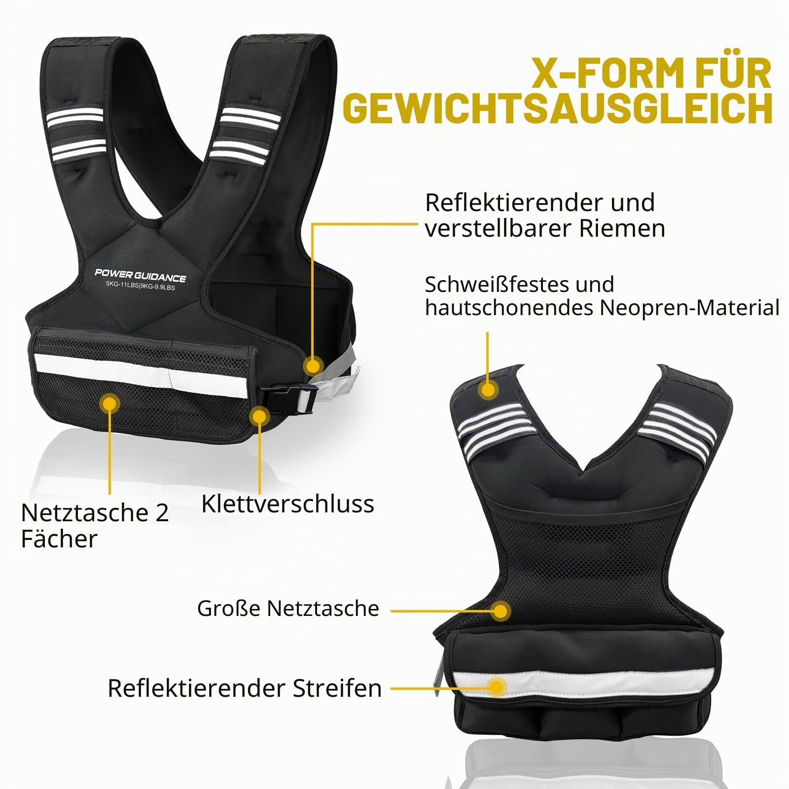 POWER GUIDANCE Verstellbare Gewichtsweste Weighted Vest, 5-9KG / 9-14.4KG Gewichtswesten mit Reflektierenden Streifen für Mann und Frau, Laufweste & Trainingsweste für Krafttraining & Aerobic-Übungen
