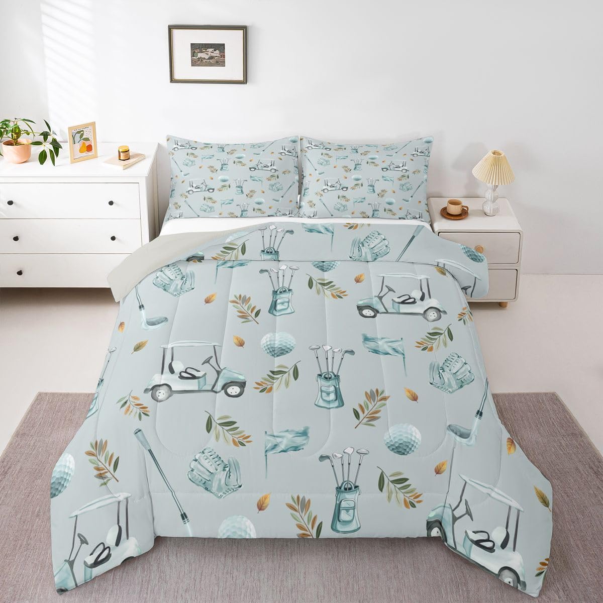 Feelyou Blue Golf Comforter Set King Size Leaves Bedding Set for Kids Boys Girls Sports Golfing Theme Duvet Quilt Bedroom Decor Microfiber 3 Pcs with 2 Pillow Cases