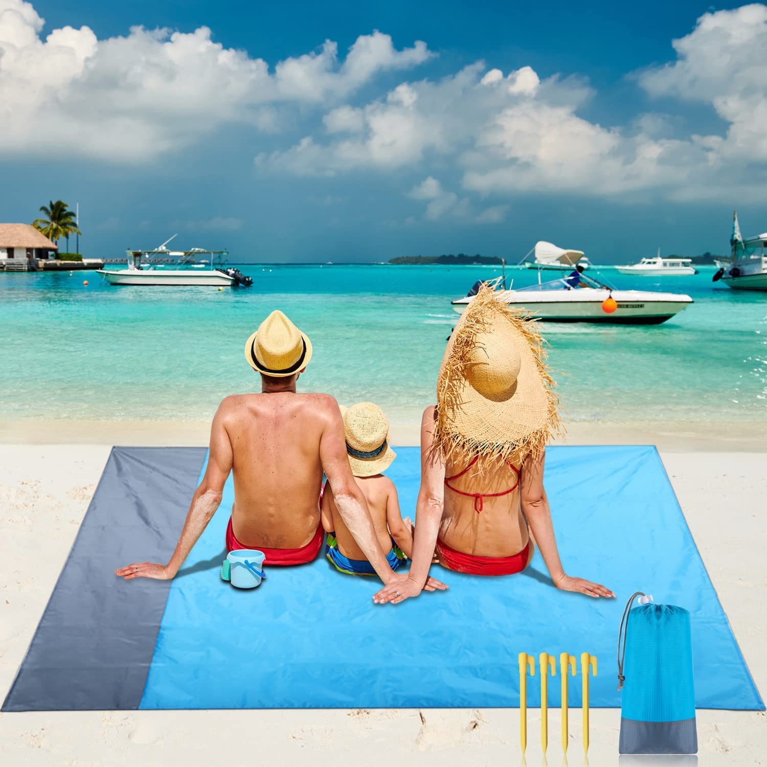 LEXSO Sandproof Beach Polyester Blanket - 83"X 79"Emergency Beach Blanket Oversized Fits For 4-7 Adults, Large Waterproof Beach Mat, Lightweight Outdoor Mat For Travel, Camping, Hiking, Outdoor (Blue)