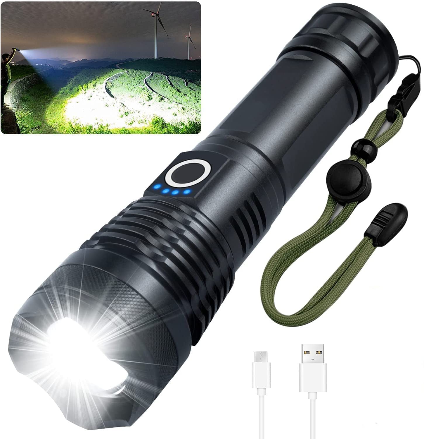 Flashlights High Lumens 100000, Super Bright Rechargeable Flashlight Power, LED Tactical Waterproof with Zoomable 5 Modes for Camping, Hunting and Emergencies