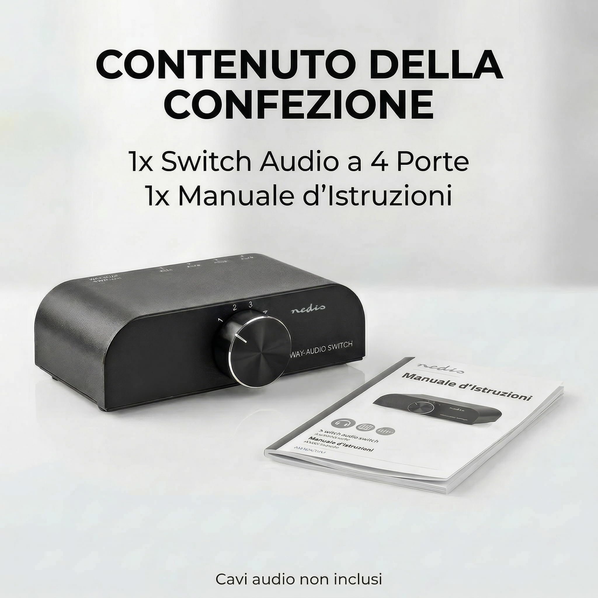 Nedis Interruttore audio analogico | 4 porte porte (s) | Connettori – Ingresso: 1 ingresso audio da 3,5 mm / 3 x (2 x RCA femmina) | Connettori – Uscita: 1 x (2 x RCA femmina) | Manuale | Metallo |