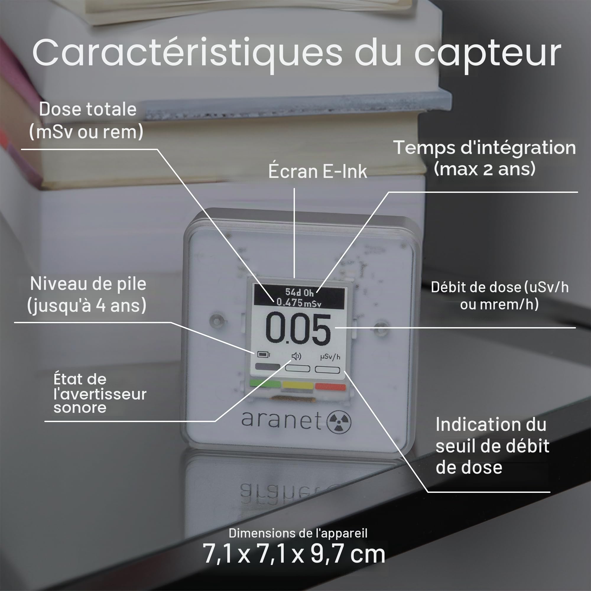 SAF Aranet Détecteur de rayonnement, dosimètre, portable, mesure le taux de dose et la dose totale de rayonnements ionisants, affichage e-ink, autonomie de 4 ans, connexion Bluetooth, application
