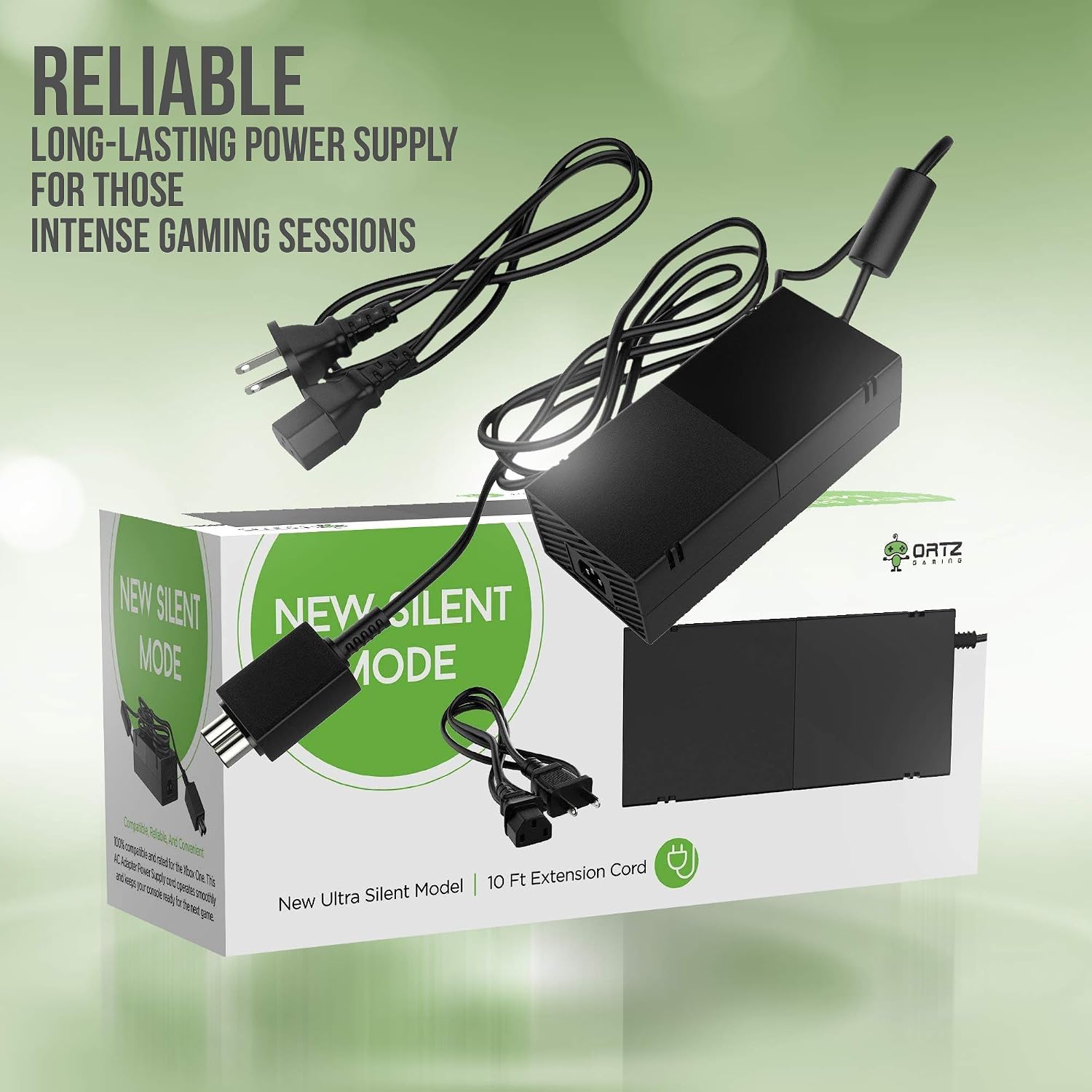 Quiet Xbox One Power Supply [Free 10ft Extension Cord] AC Adapter Cord Best for Charging - Brick Style - Great Charger Accessory Kit with Cable (Black)