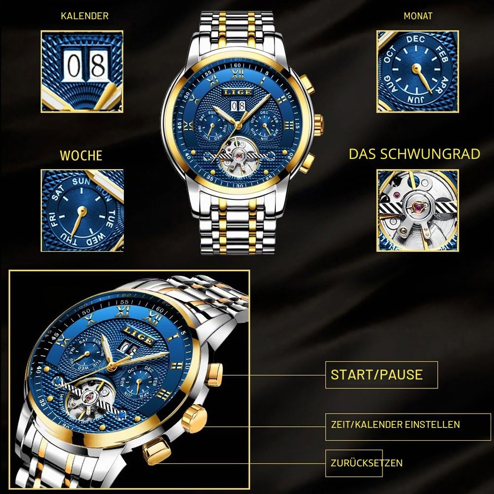 LIGE Herren-Armbanduhr, modisch, automatisch, mechanisch, wasserdicht, Business-Armbanduhr für Herren