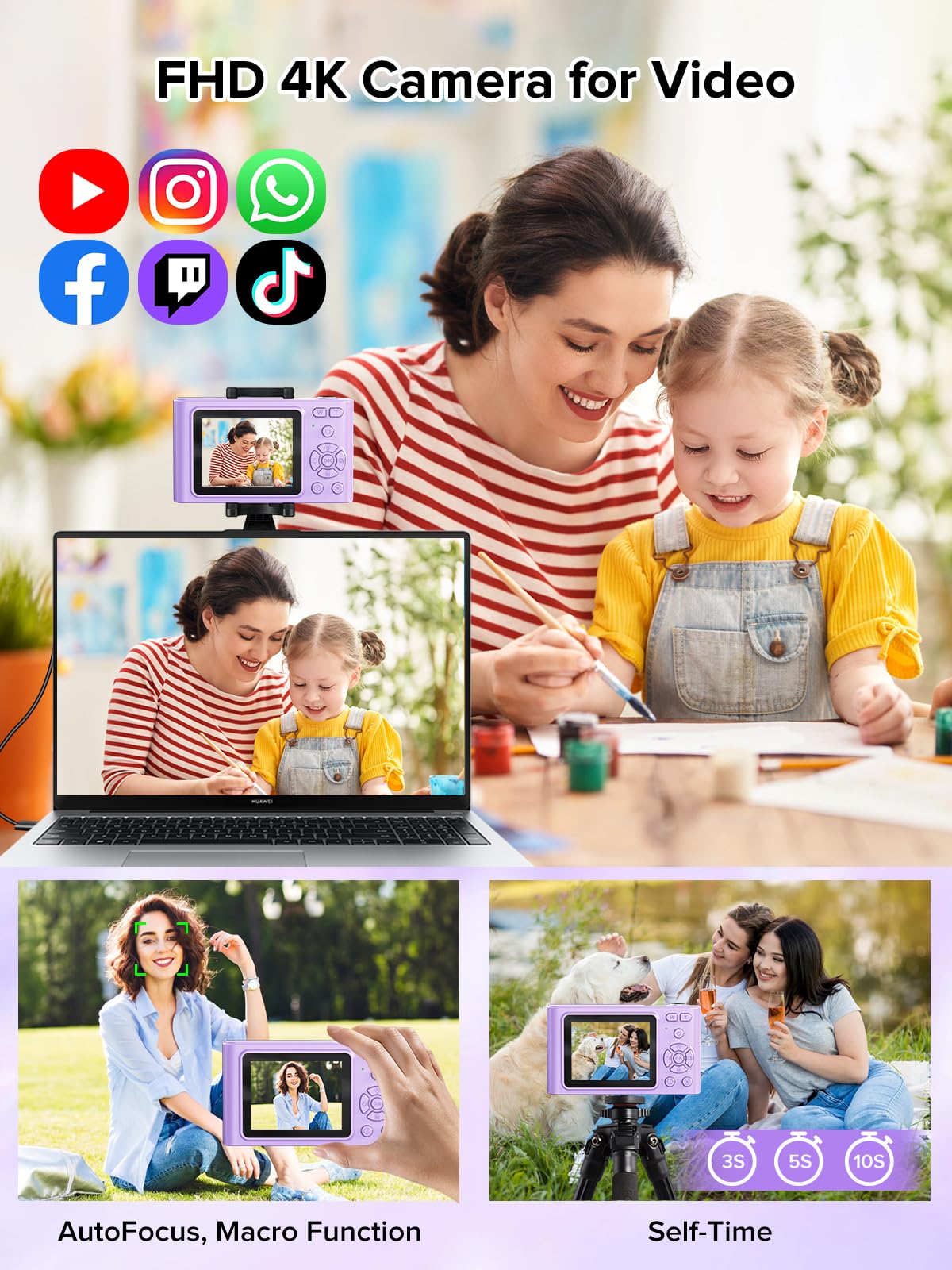 Cámara digital FHD 1080P con tarjeta de 32 GB, cámara de 44 MP para niños con zoom antivibración de 16X, cámara digital vintage, cámara pequeña portátil de regalo para niños, niñas, niños y