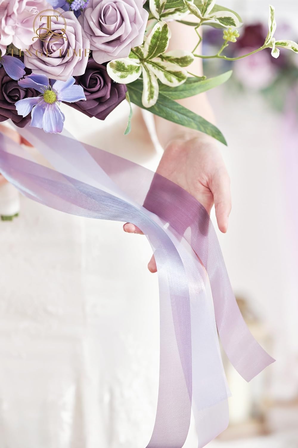 TINGE TIME 17 Inch Artificial Bridal Bouquet Realistic Silk Wedding Bouquet, Durable Fake Flowers for Brides, Bridesmaids, Home Decor, and Events (Lavender & Plum)