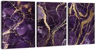 Abstract Purple Canvas Wall Art for Bedroom Decorations, Purple and Gold Pictures Wall Decor for Living Room Abstract Marble Wall Paintings Gold Foil Textures Prints Poster Modern Artwork 12x16” 3 Pcs