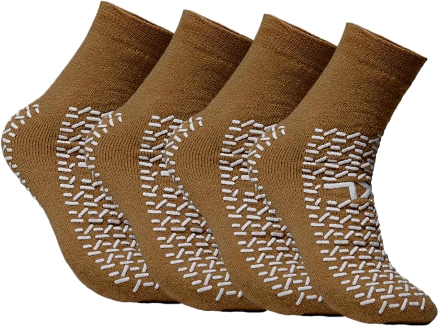Double Tread Non-Skid Safety Socks – X-Large Beige (4 Pairs) / Unisex | Non-Slip | Hospital, Home, or Yoga Use