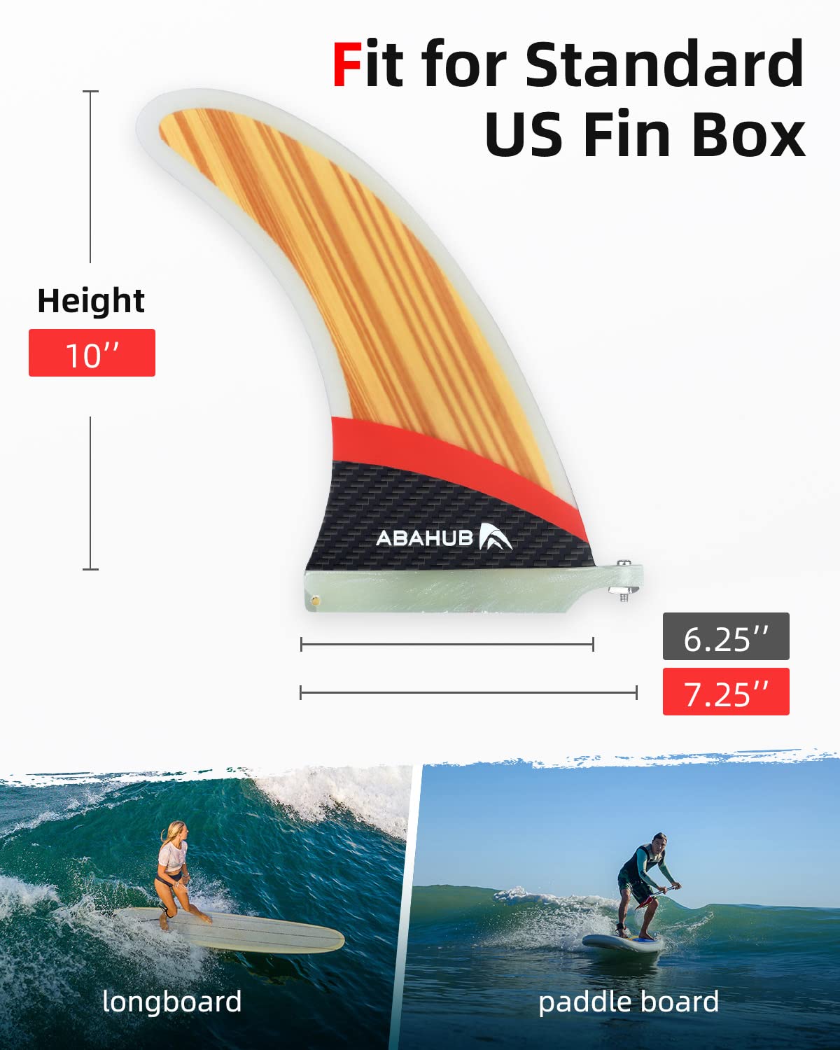 Abahub 10'' SUP Single Center Fin with 1 No Tool Fin Screw, Fiberglass+Teak Veneer 10 inch SUP Replacement Fins for Surfing, Surfboard, Stand-up Paddle Board, Longboard, Fiberglass with Teak Veneer