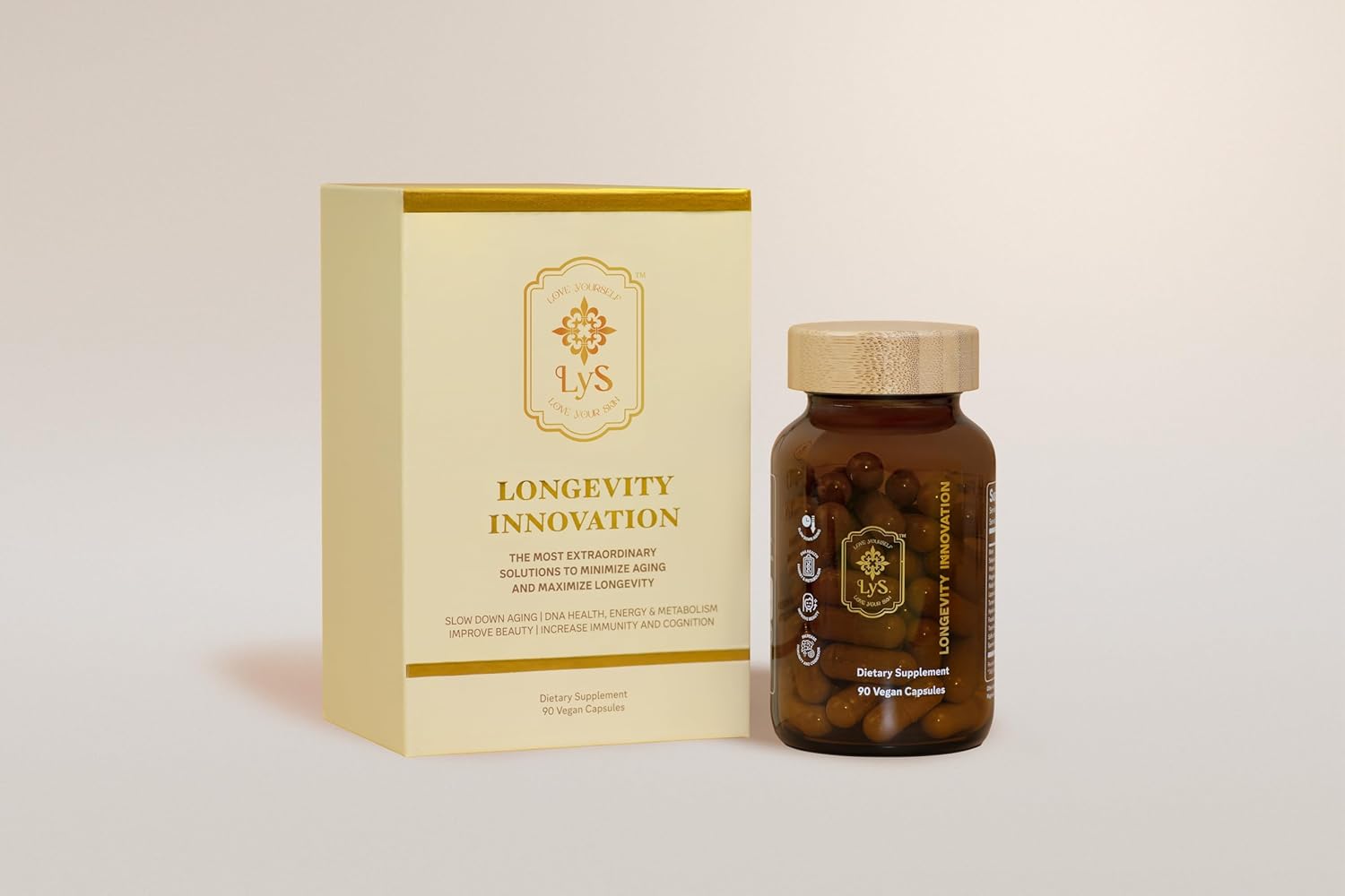 LYS Longevity Innovation Advanced Healthy Aging Cellular Vitality Supplement Immune Support Antioxidants Hydration RiaGev Fucoidan Glutathione Resveratrol 30