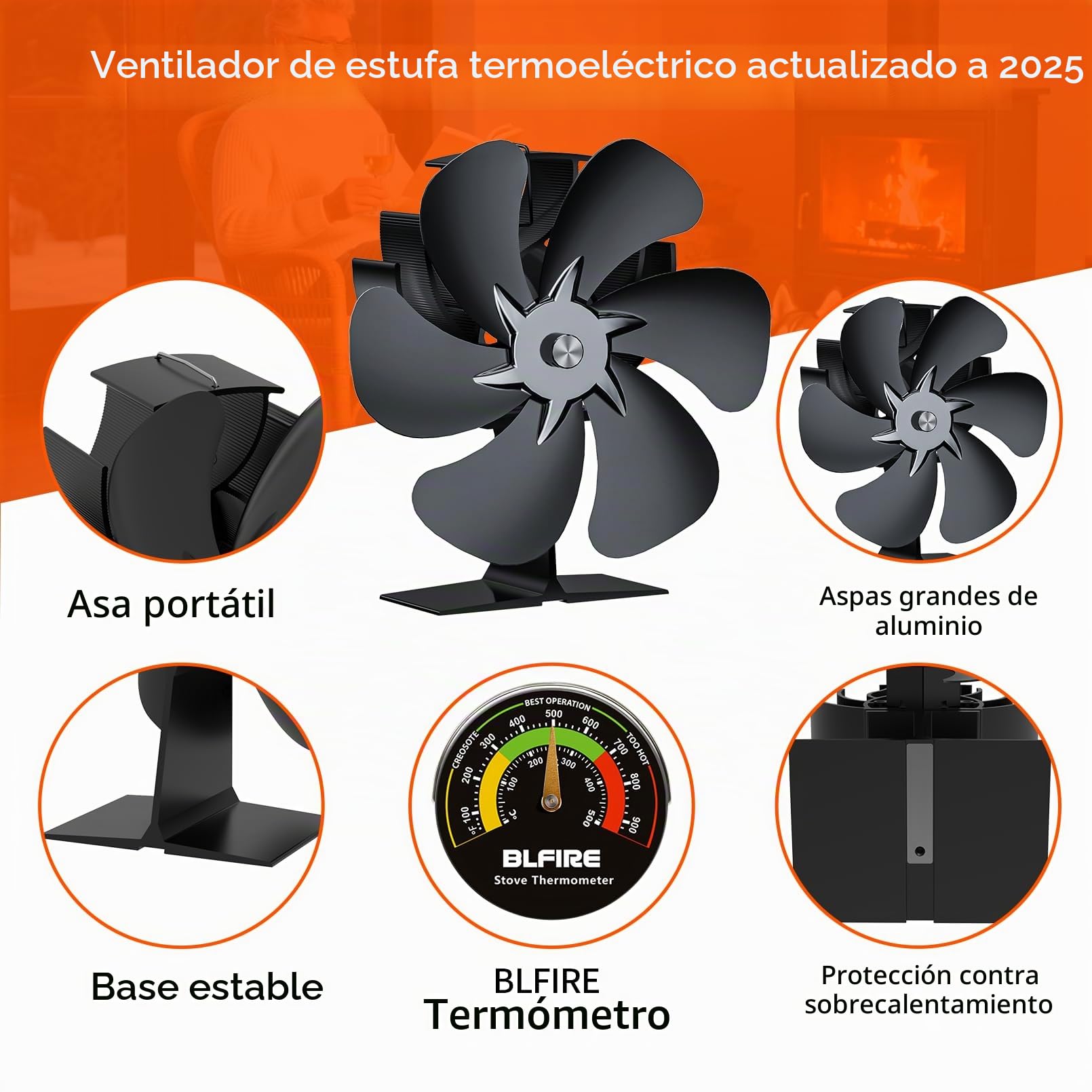 Ventilador de estufa de leña alimentado por calor | Ventilador activado por calor no eléctrico para quemador de leña | Accesorios de estufa
