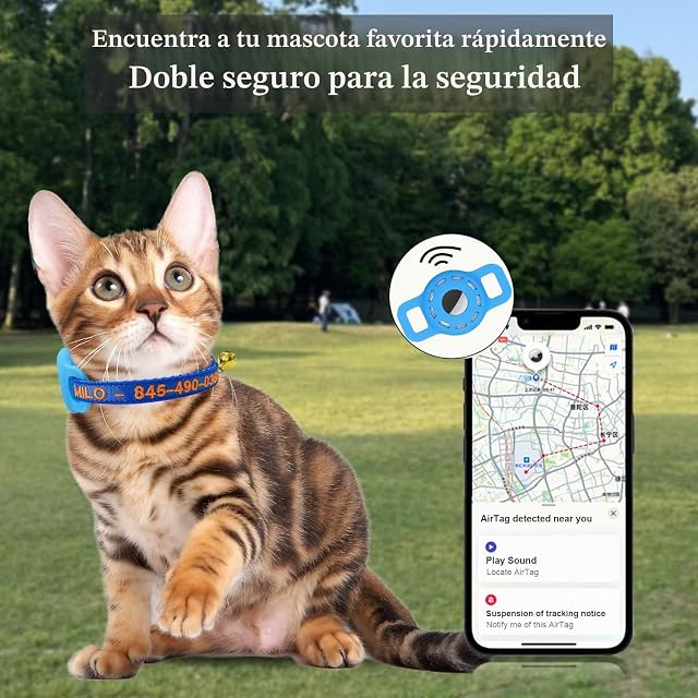 Foto 4 de 5 de Collar Airtag para gato de nylon bordado con nombre y número de teléfono con estuche impermeable y campana…