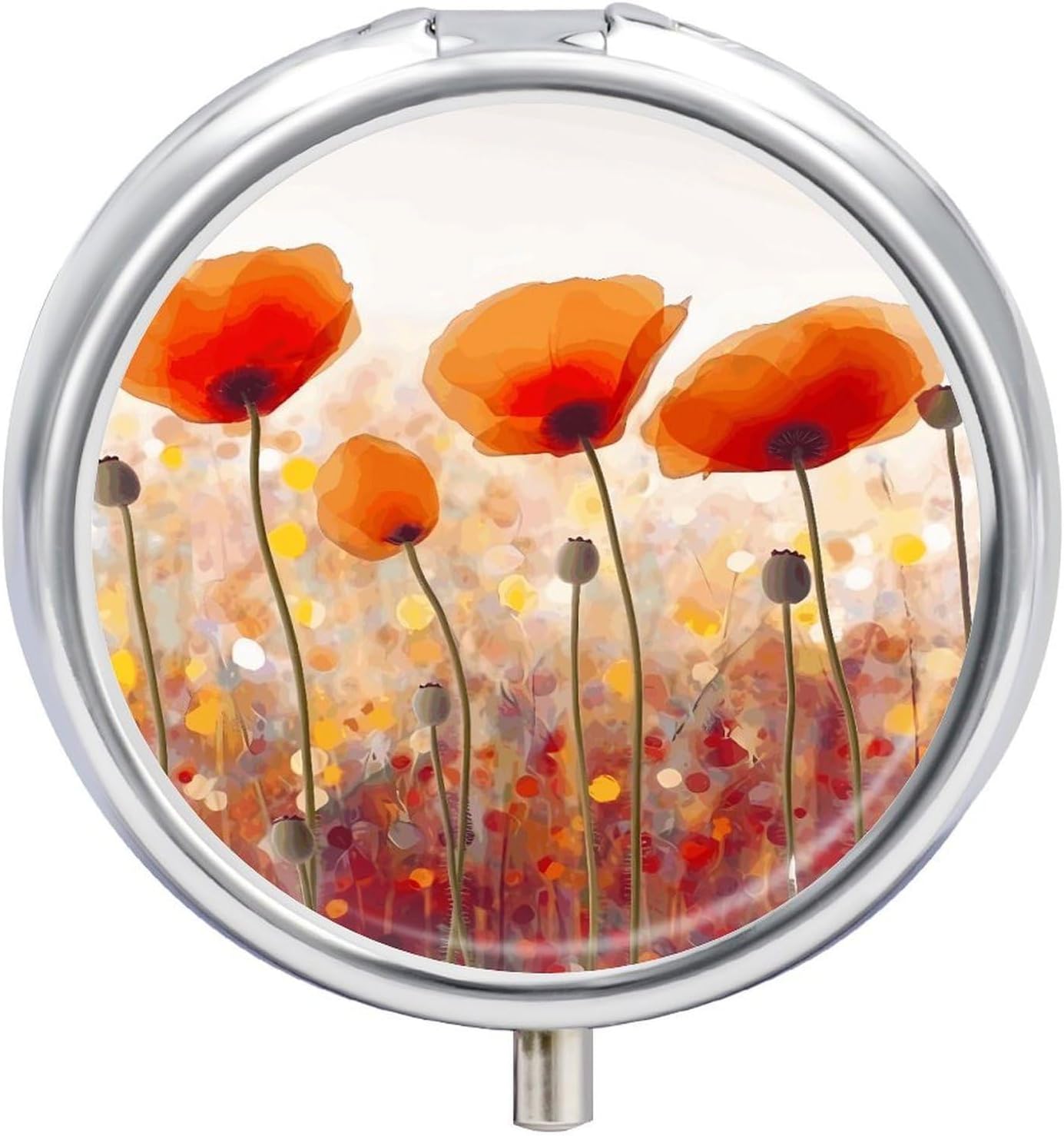 Round Daily Red Poppy Flowers Pill Case with 3 Compartment & Mirror