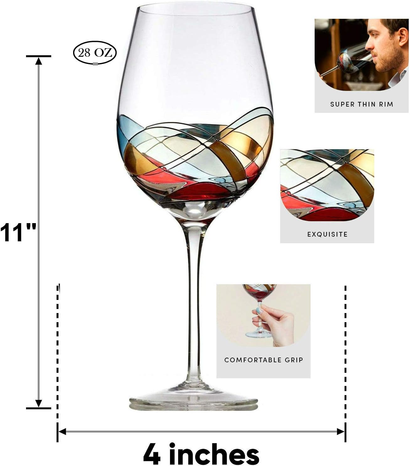 Bezrat Red Wine Glasses Set of 2, Hand Painted Wine Glass, Drinkware Essentials, 11" H, 28oz Wine Lover Large Glass, Glassware Gifts Ideas for Women Inspired by 'Duomo di Milano' Mothers Day (Red) - Image 2