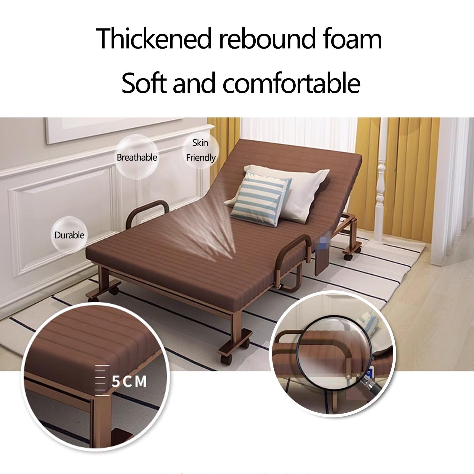 Klappbett Gästebett mit 5mm Dicker Schaumstoffmatratze und Universalrädern Camping Bett Notfall Betten Multi Positions Einstellung mit Aufbewahrungstasche(B,192 * 100 * 33cm)