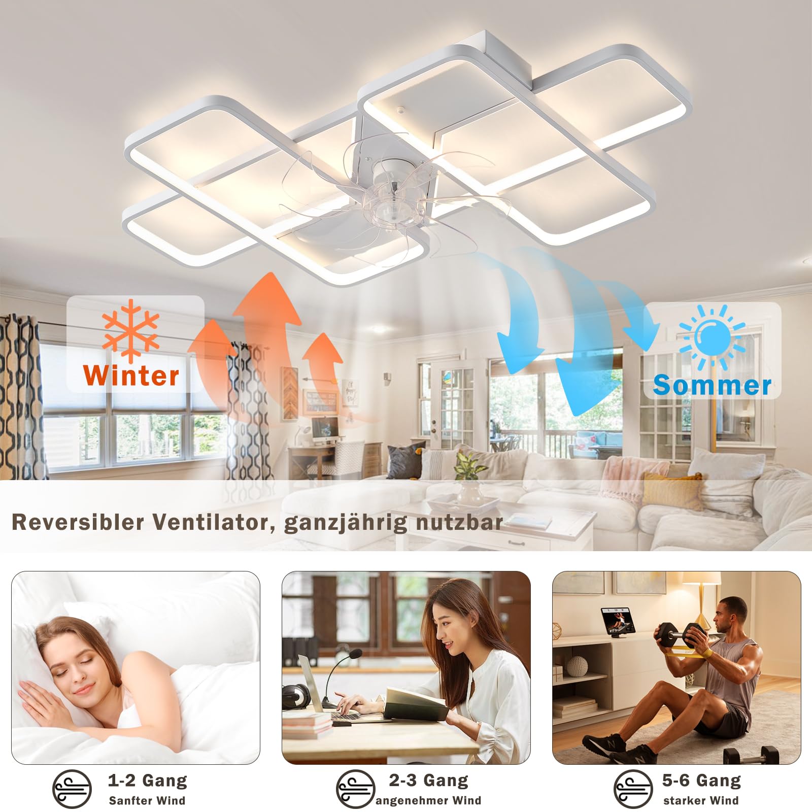 Deckenventilator mit Beleuchtung LED 85W Fernbedienung Leise Dimmbar 6 Windgeschwindigkeit 90cm Weiß