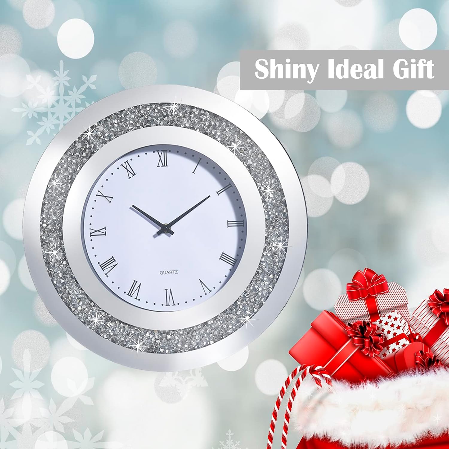 Large Crystal Wall Clock, Sparkle Silent Crushed Diamond Wall Clock, Glass Clock, 15.8in Round Mirror Clock for Bedroom School Home Office Decor, AA Battery Not Included (Silver)