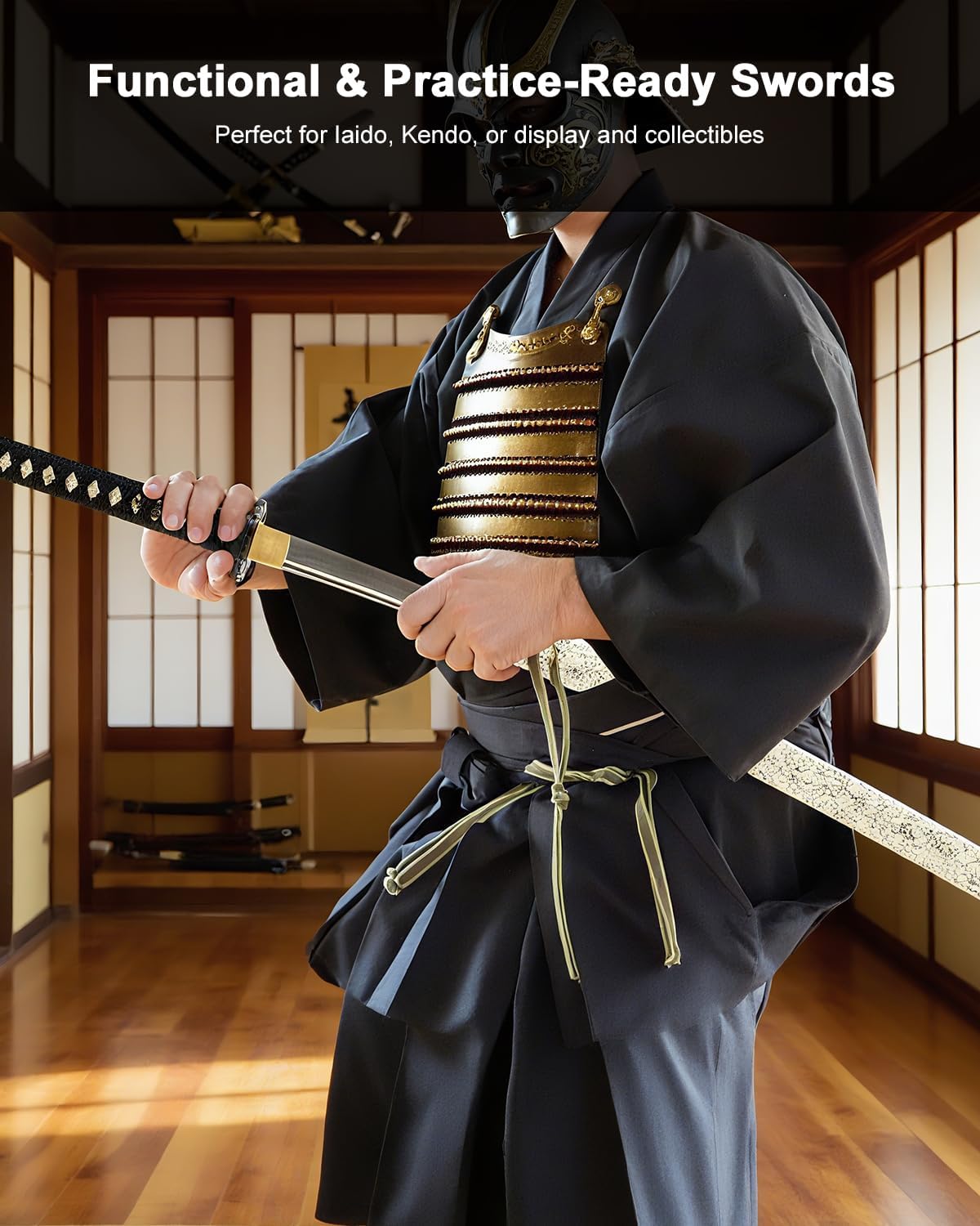 HMS Japanese Katana Sword, Full Tang, Hand Forged, Functional & Display, White Saya, Dancing Crane Tsuba, for Collectors, Gifts & Martial Arts