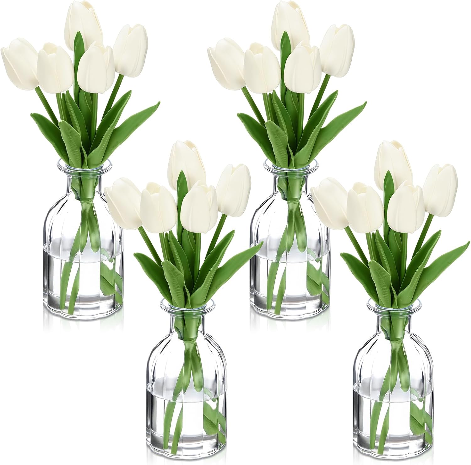 Giegxin 4 Sets Artificial Tulips with Clear Vase 20pcs 14 Inches White Faux Tulips 4 Glass Vase Real Touch Tulip Fake Flowers for Spring Home Kitchen Wedding Centerpiece Decoration