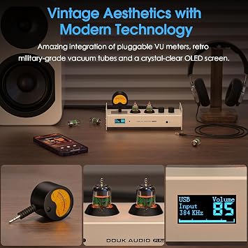 Douk Audio 2 قناة مضخم أنبوب صمام بلوتوث، مضخم سماعة رأس Hi-Fi، بطاقة صوت USB DAC للكمبيوتر الشخصي، مضخم صوت لاسلكي مع مقياس VU، بصري، محوري، APTX، LDAC، DSD256، جهاز تحكم عن بعد